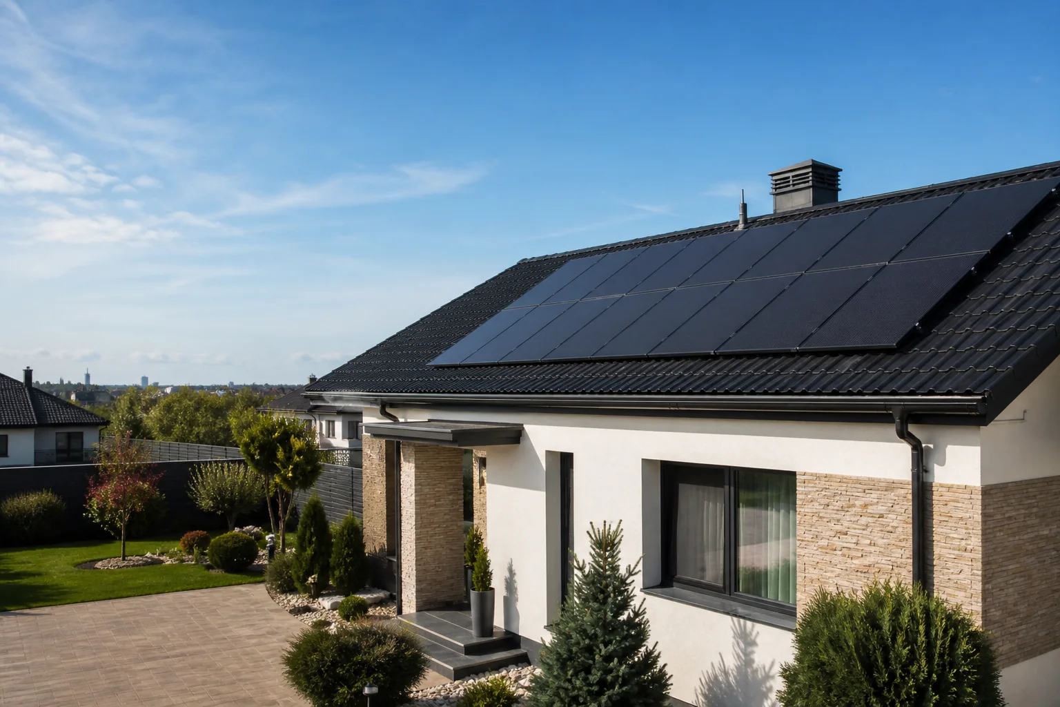 Casă din România cu sistem fotovoltaic instalat pe acoperiș — imagine ilustrativă