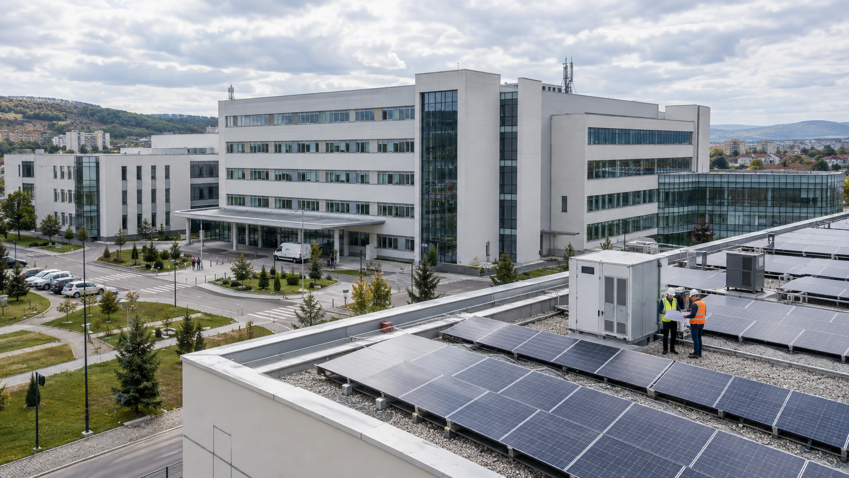Clădire publică din România cu panouri fotovoltaice și sistem de stocare