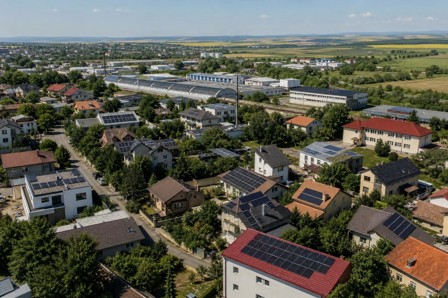 Vedere aeriană ilustrativă a unei comunități din România cu panouri fotovoltaice
