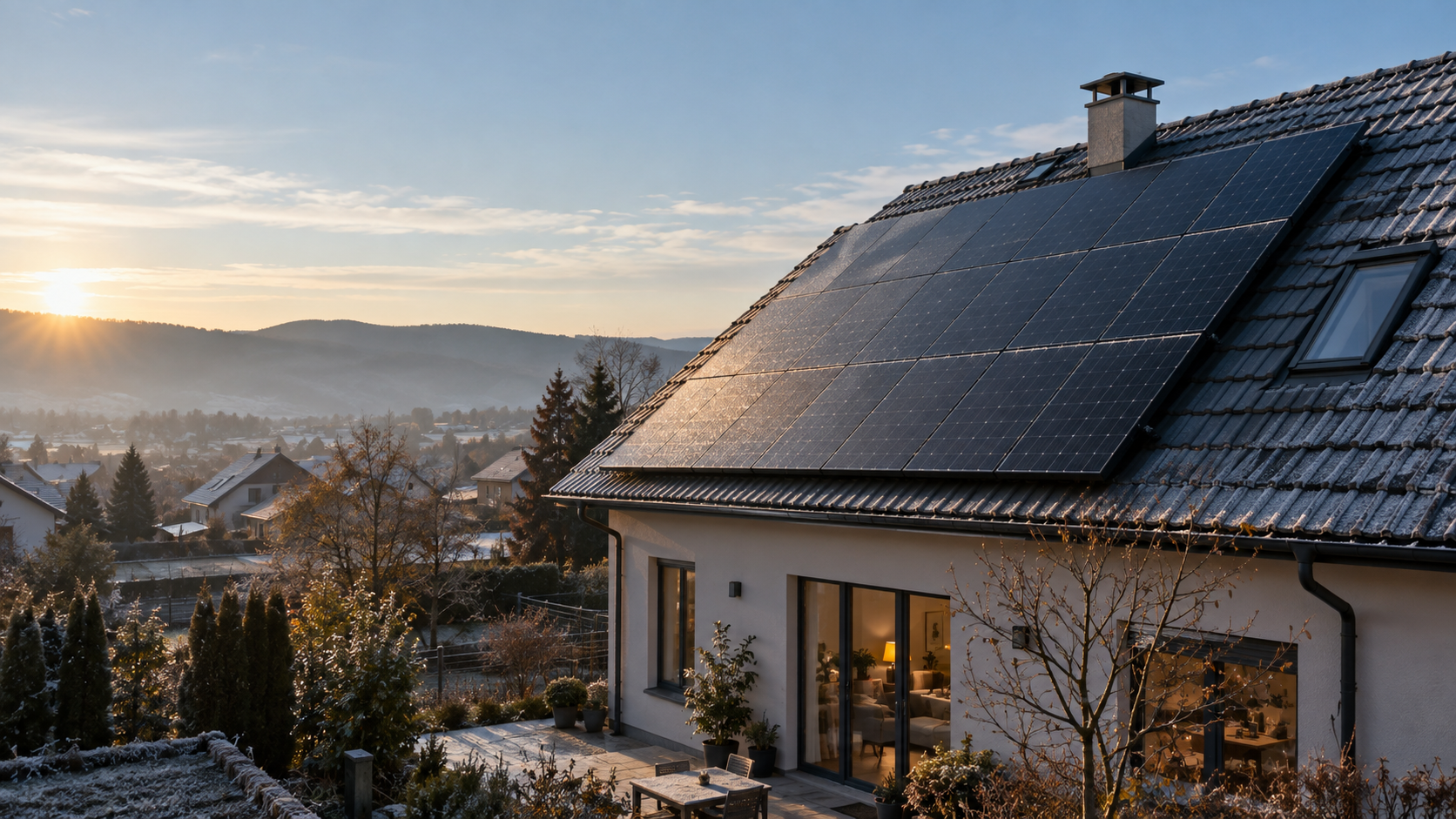 Panouri fotovoltaice iarna pe acoperișul unei locuințe din România